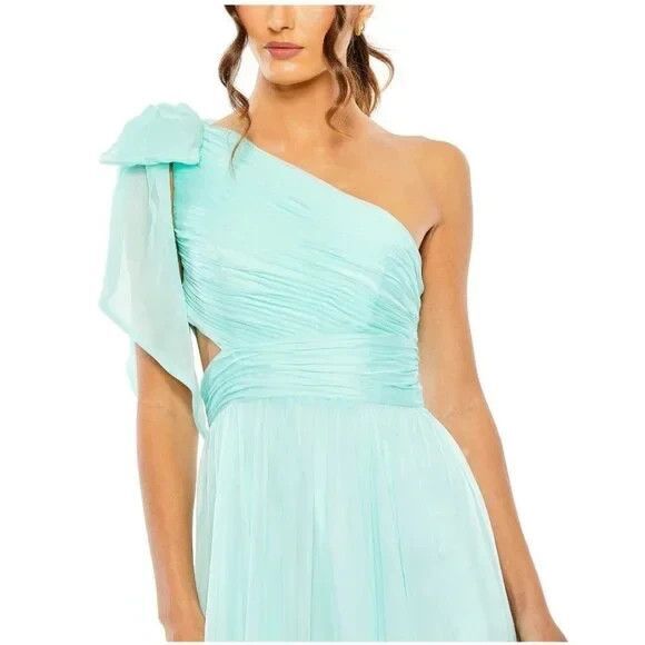 MAC DUGGAL AQUA BLUE ONE SHOULDER RUCHED CHIFFON GOWN SZ 6 NWT $398 - Picture 2 of 6
